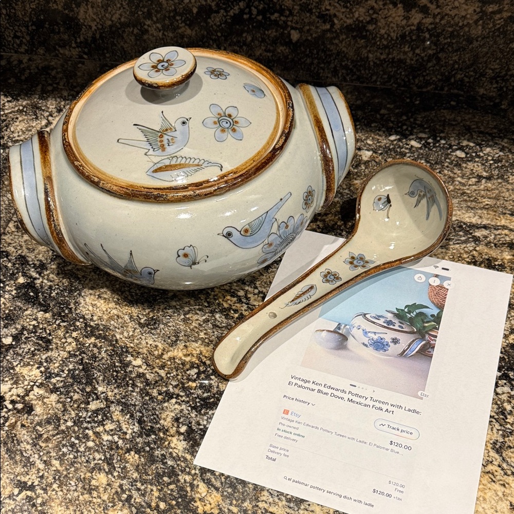 Vintage Ken Edward’s Pottery Tureen w/Ladle, El Palomar Blue Dove Signed